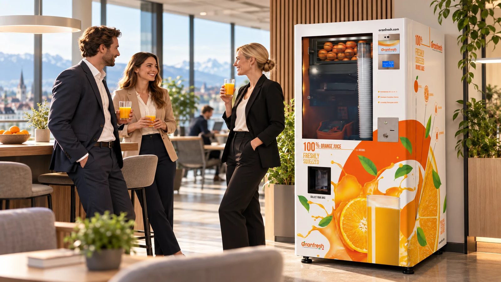 Oranfresh Frischsaftautomat in einem modernen Firmenumfeld mit Mitarbeitenden