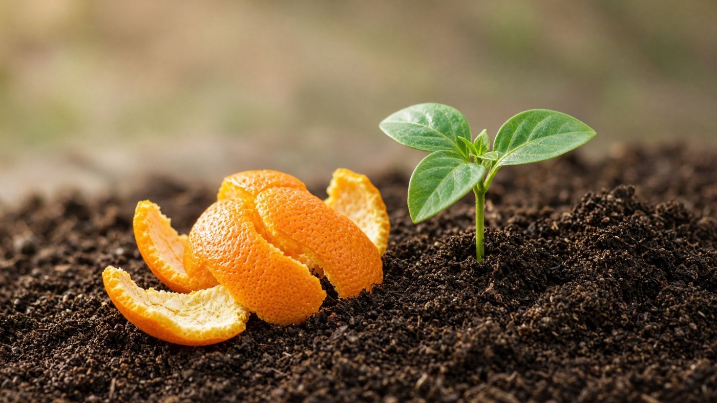 Orangenschalen auf Erde, daneben ein junger Setzling